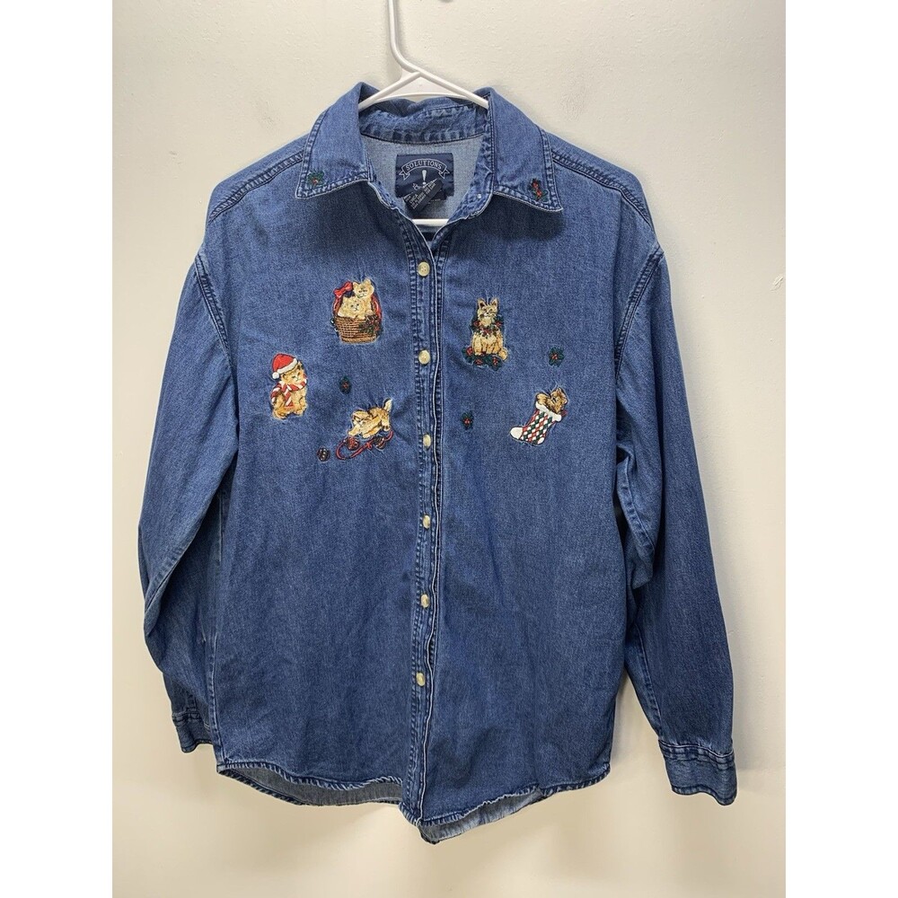 Vtg 90s Solutions Holiday Chrismas Cat Embroidered Denim Button-Up Shirt S